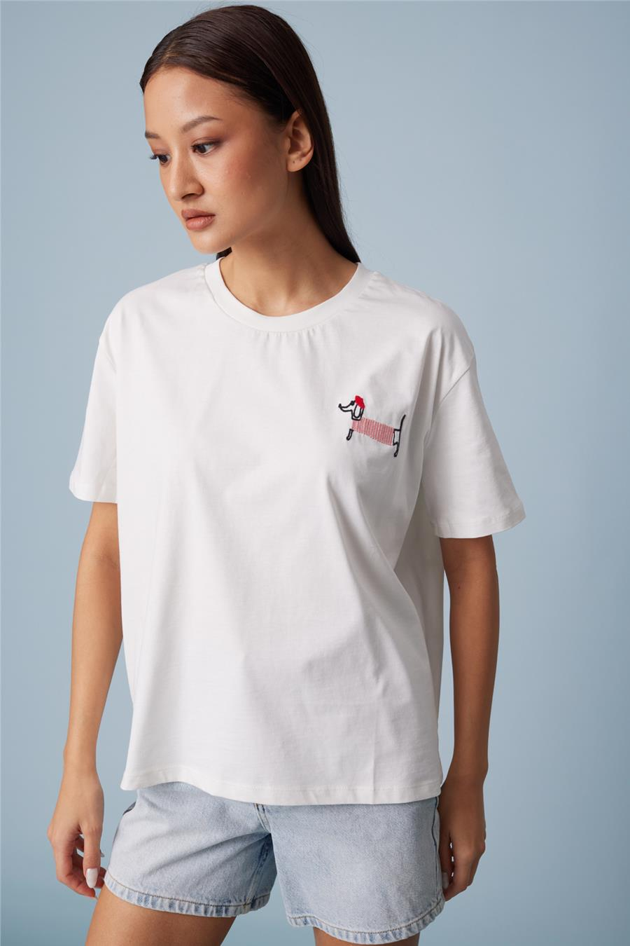 Nisan KÖPEK NAKIŞLI BİSİKLET YAKA T-SHIRT EKRU N26-2378