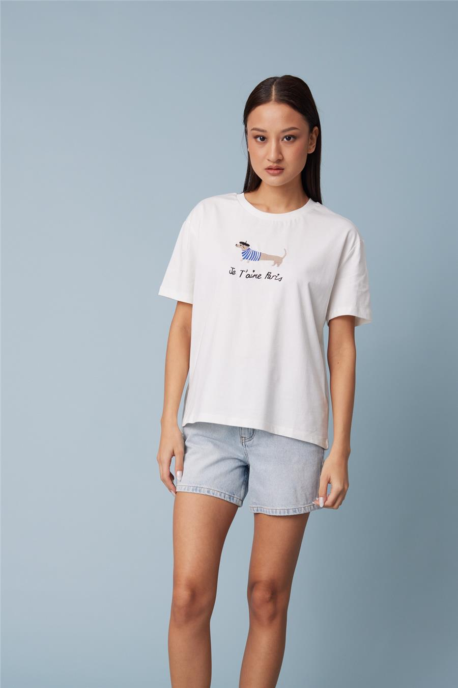 Nisan KÖPEK NAKIŞLI KISA KOLLU T-SHIRT EKRU N26-2376