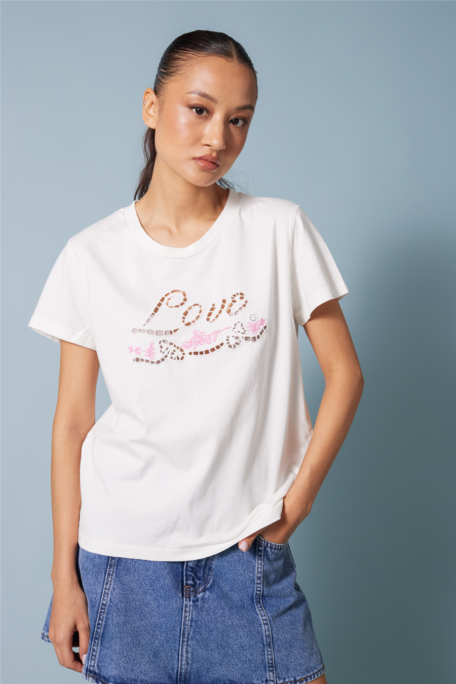 Nisan NAKIŞLI KISA KOLLU T-SHIRT EKRU N26-2421