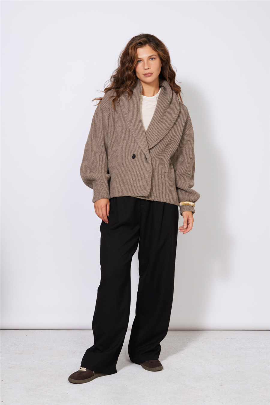 Nisan OVERSIZE ŞAL YAKA YÜNLÜ HIRKA VİZON TT4837-Z
