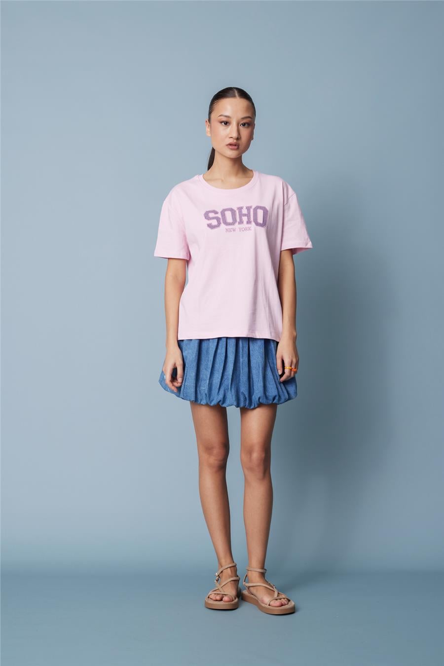 Nisan PÖTİKARE YAMA DETAYLI KISA KOLLU T-SHIRT PEMBE N26-2332