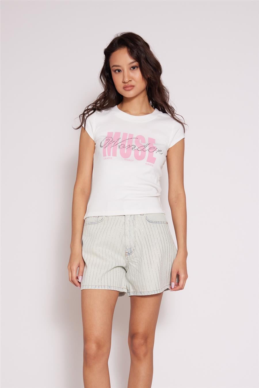 Nisan STRASS TAŞ BASKILI BİSİKLET YAKA T-SHIRT EKRU N26-2418