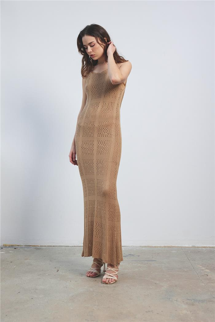 Avrile Knit Dress with Lacy Pattern Camel A92370-S