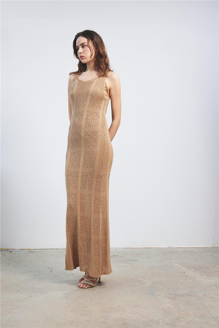 Avrile Knit Dress with Lacy Pattern Camel A92370-S