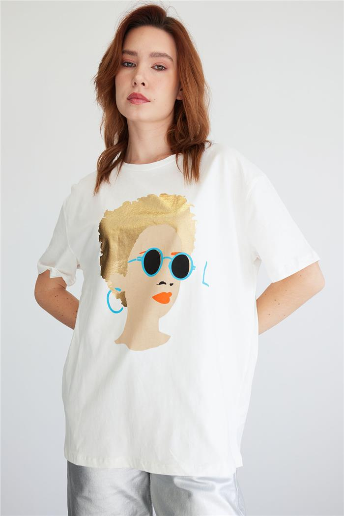 Avrile Printed Basic T-shirt Ecru A24-10246