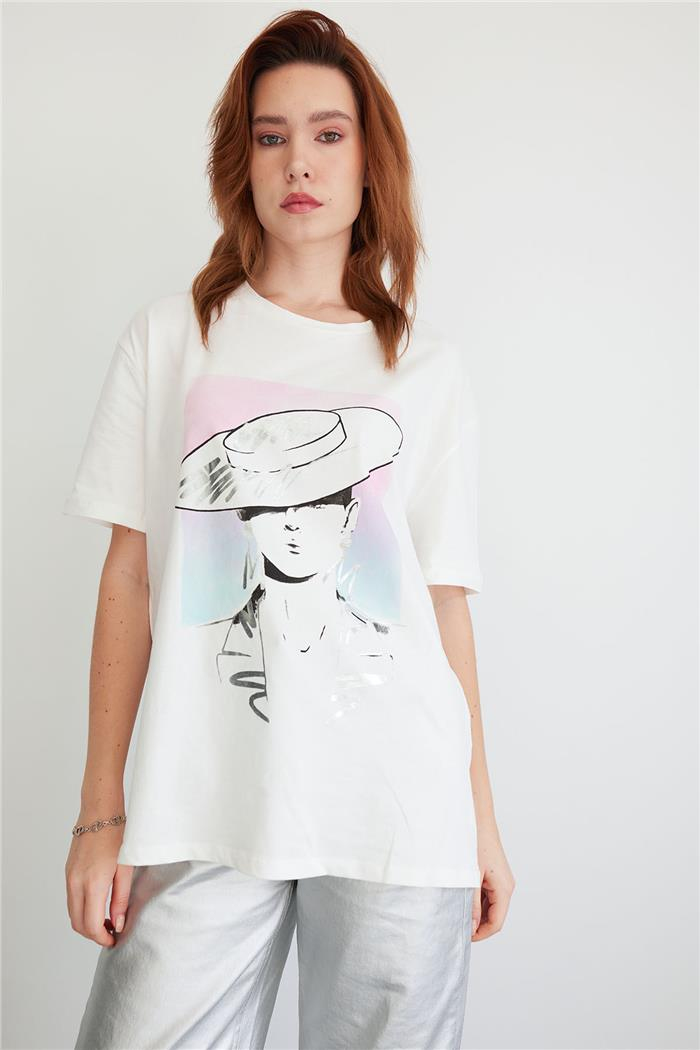 Avrile Printed Basic T-shirt Ecru MA24-1059