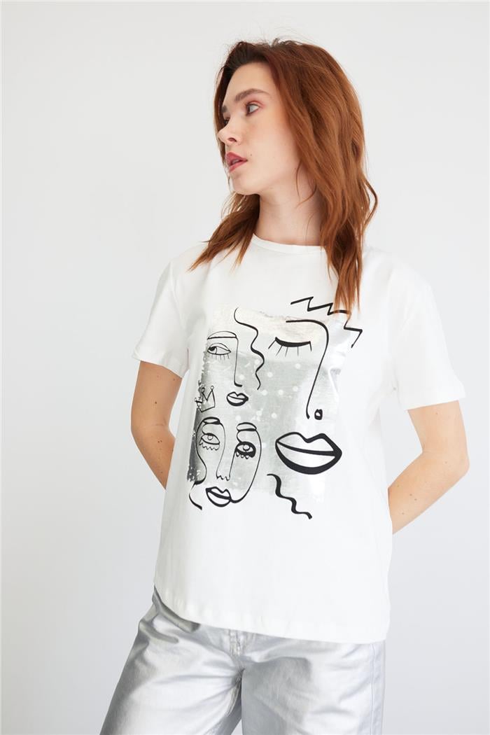 Avrile Printed Basic T-shirt Ecru MA24-1054