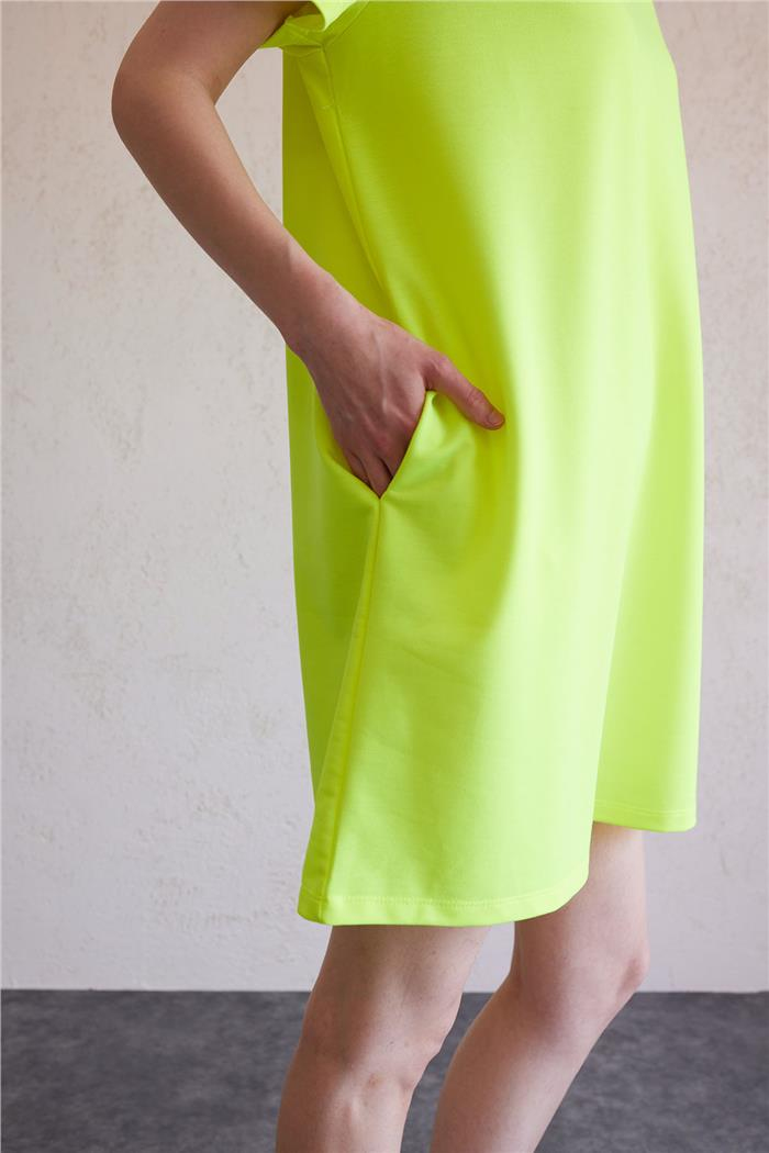 Avrile Bisiklet Yaka Basic Elbise NEON SARI A23-10222