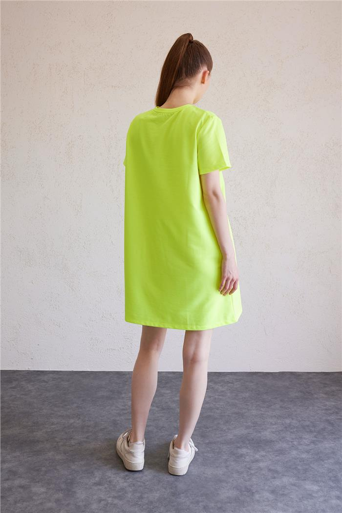 Avrile Bisiklet Yaka Basic Elbise NEON SARI A23-10222
