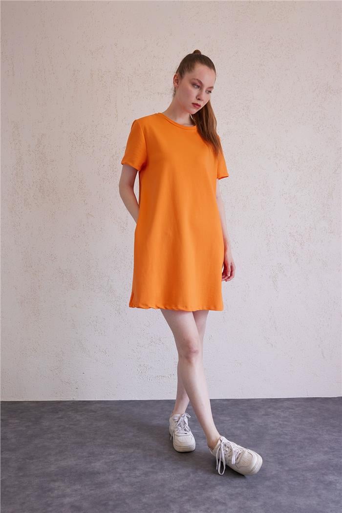 Avrile Bisiklet Yaka Basic Elbise ORANJ A23-10222