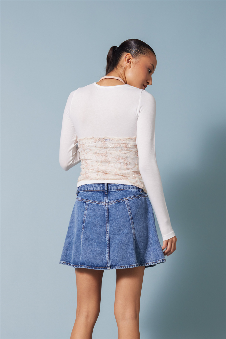 Avrile İŞLEMELİ TÜL DETAYLI UZUN KOLLU T-SHIRT PUDRA A25-10366