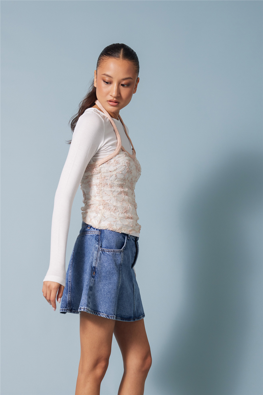 Avrile İŞLEMELİ TÜL DETAYLI UZUN KOLLU T-SHIRT PUDRA A25-10366