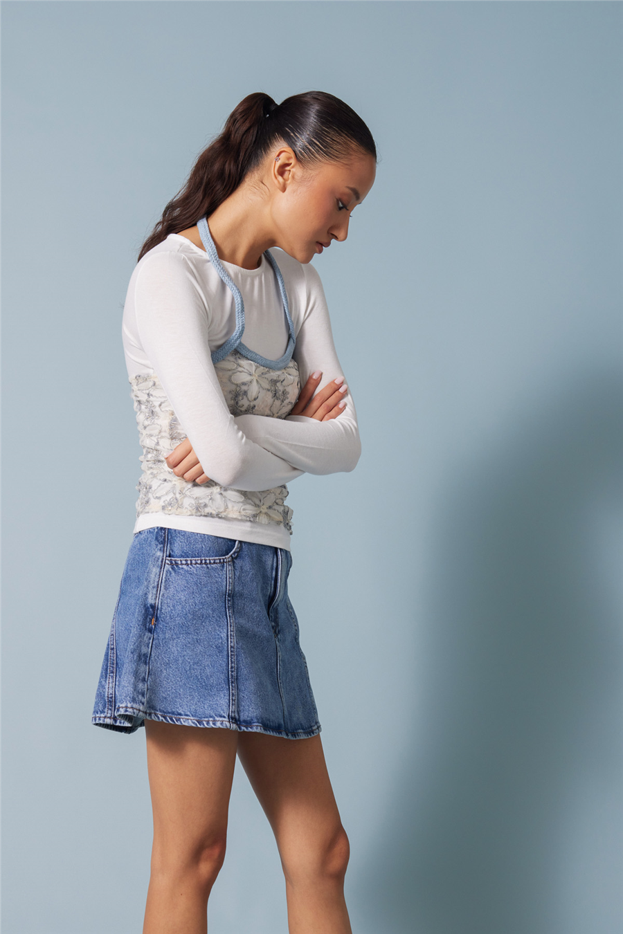 Avrile İŞLEMELİ TÜL DETAYLI UZUN KOLLU T-SHIRT İNDİGO A25-10366