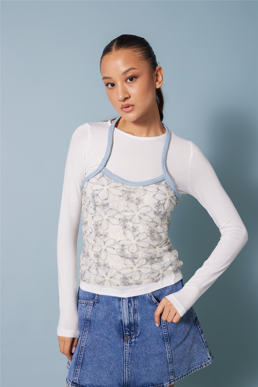Avrile İŞLEMELİ TÜL DETAYLI UZUN KOLLU T-SHIRT İNDİGO A25-10366