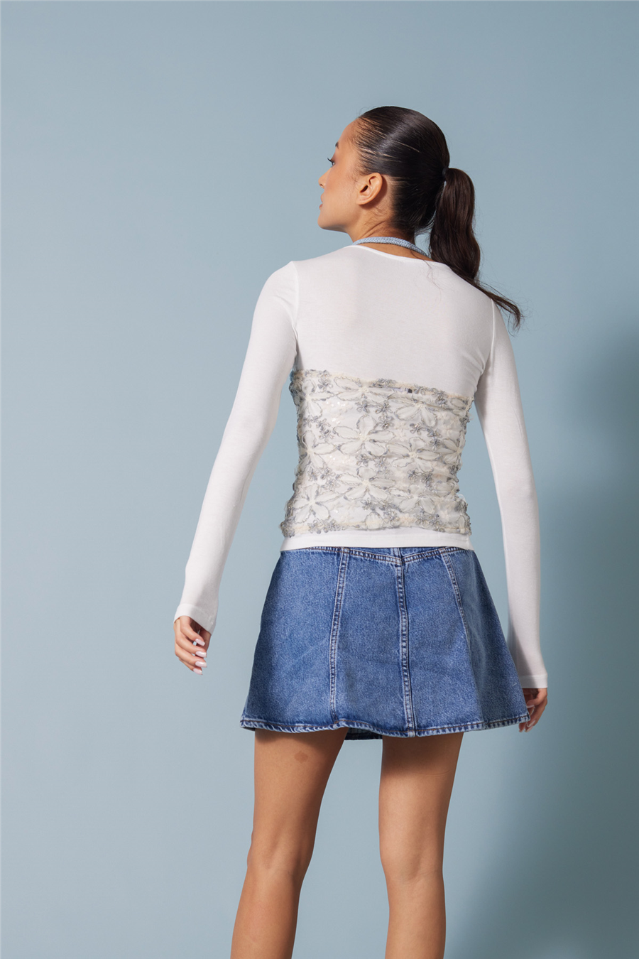 Avrile İŞLEMELİ TÜL DETAYLI UZUN KOLLU T-SHIRT İNDİGO A25-10366