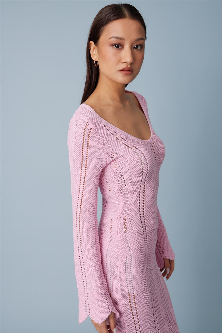 Nisan Ajurlu Triko Uzun Elbise PEMBE TT4264-Z