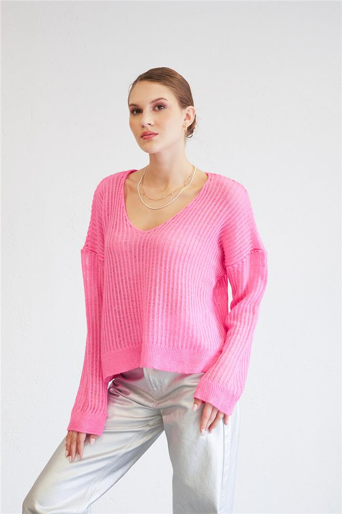 Nisan Lace V-Neck Sweater Fuchsia TT4102-Z