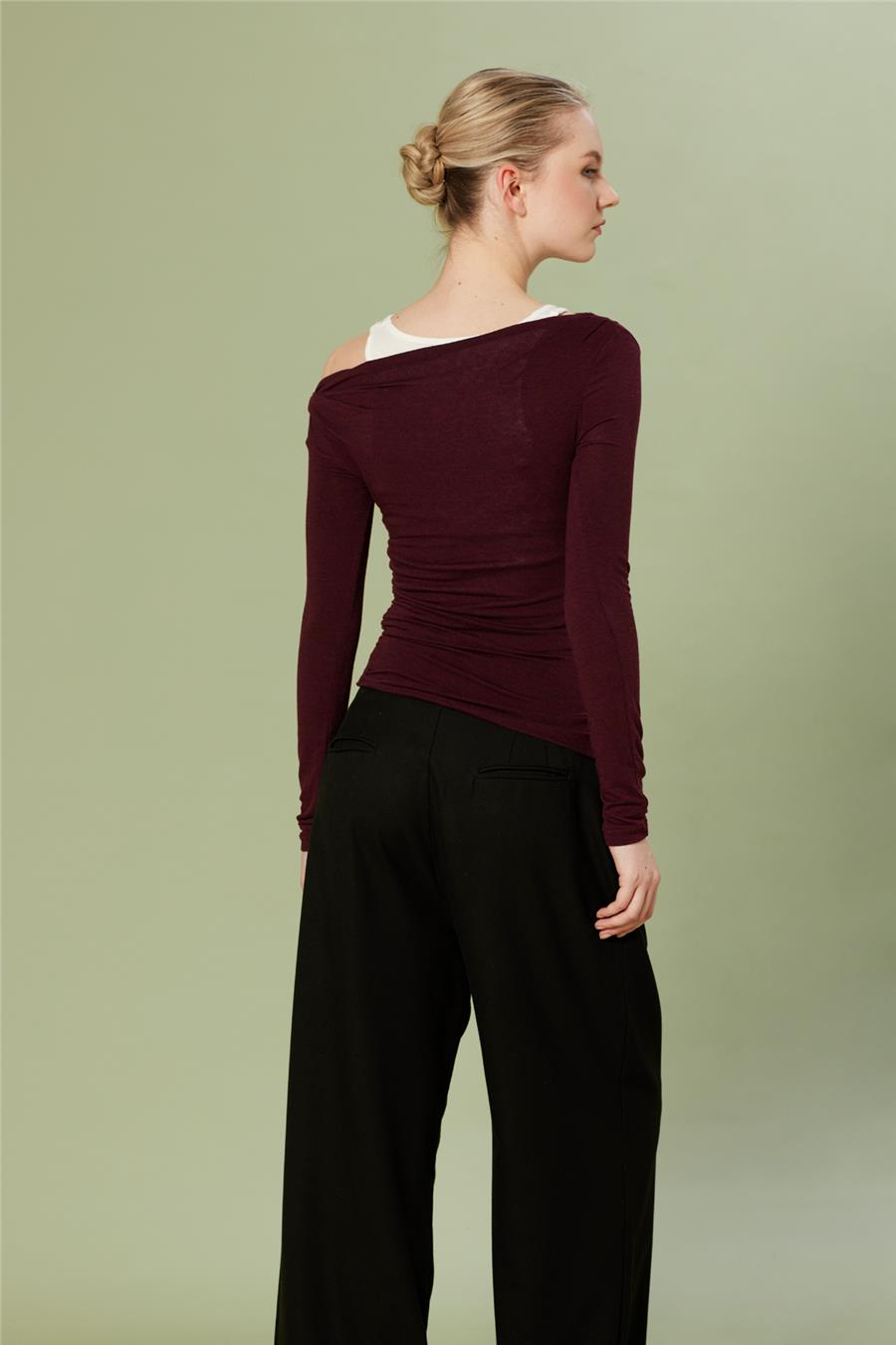 Nisan ASİMETRİK ÇİFT ETKİLİ T-SHIRT BORDO N26-2267