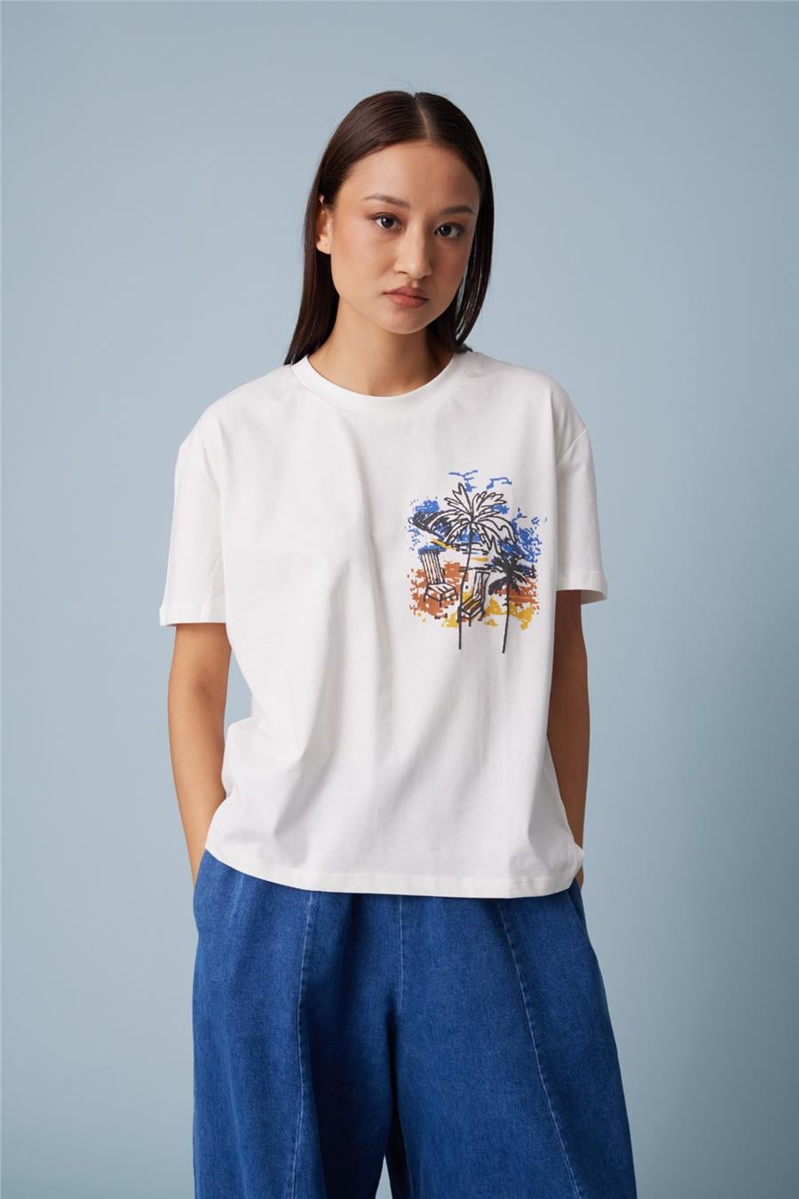 Nisan BASKILI KISA KOLLU T-SHIRT EKRU N26-2366