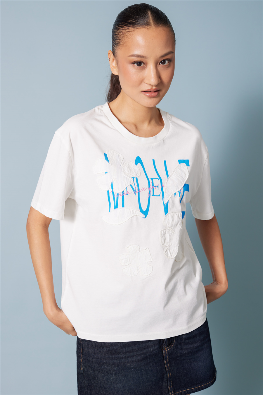 Nisan ÇİÇEK BASKILI BİSİKLET YAKA T-SHIRT EKRU N26-2416