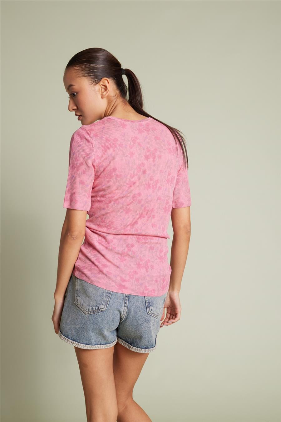 Nisan ÇİÇEK DESENLİ TRİKO BLUZ PEMBE TT4784-Z