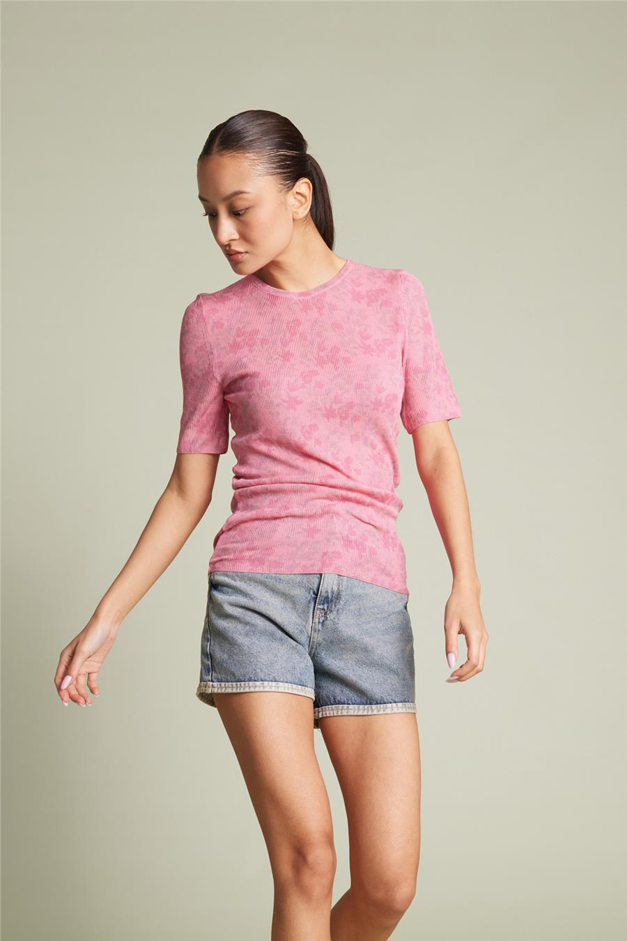 Nisan ÇİÇEK DESENLİ TRİKO BLUZ PEMBE TT4784-Z