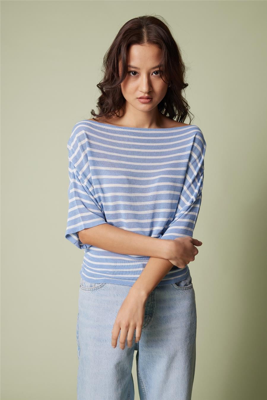 Nisan ÇİZGİLİ ASİMETRİK TRİKO BLUZ BEBE MAVİ-EKRU TT4768-Z