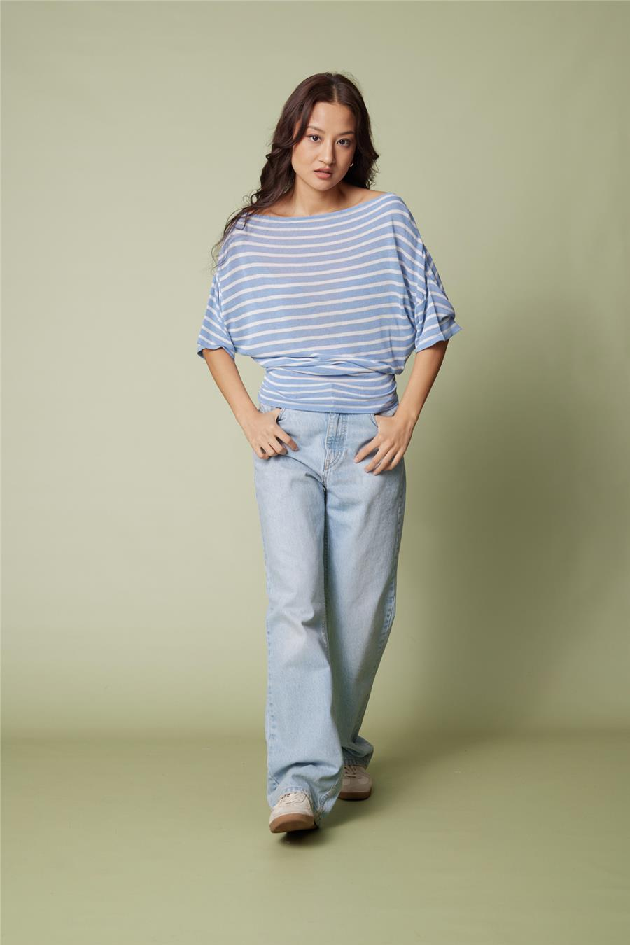 Nisan ÇİZGİLİ ASİMETRİK TRİKO BLUZ BEBE MAVİ-EKRU TT4768-Z