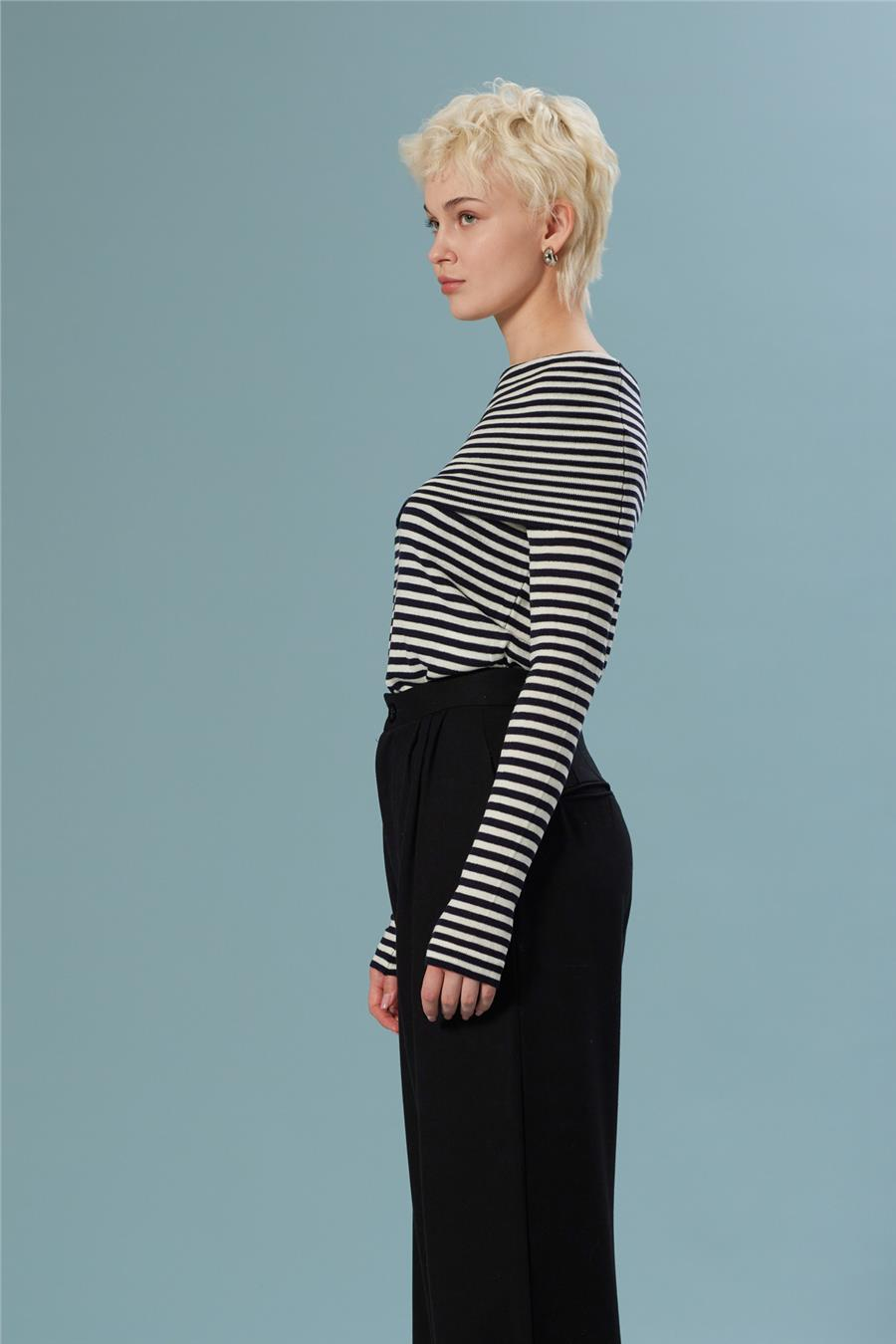 Nisan ÇİZGİLİ MADONNA YAKA TRİKO BLUZ LACİVERT-EKRU TT4694-Z