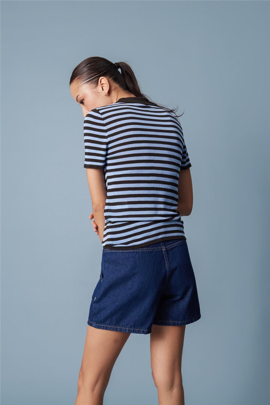 Nisan ÇİZGİLİ POLO YAKA BLUZ KAHVE-BEBE MAVİ TT4749-Z