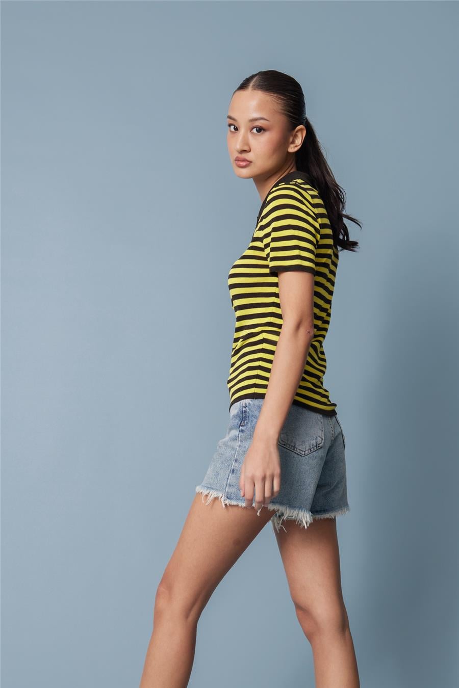 Nisan ÇİZGİLİ POLO YAKA BLUZ KAHVE-SARI TT4749-Z