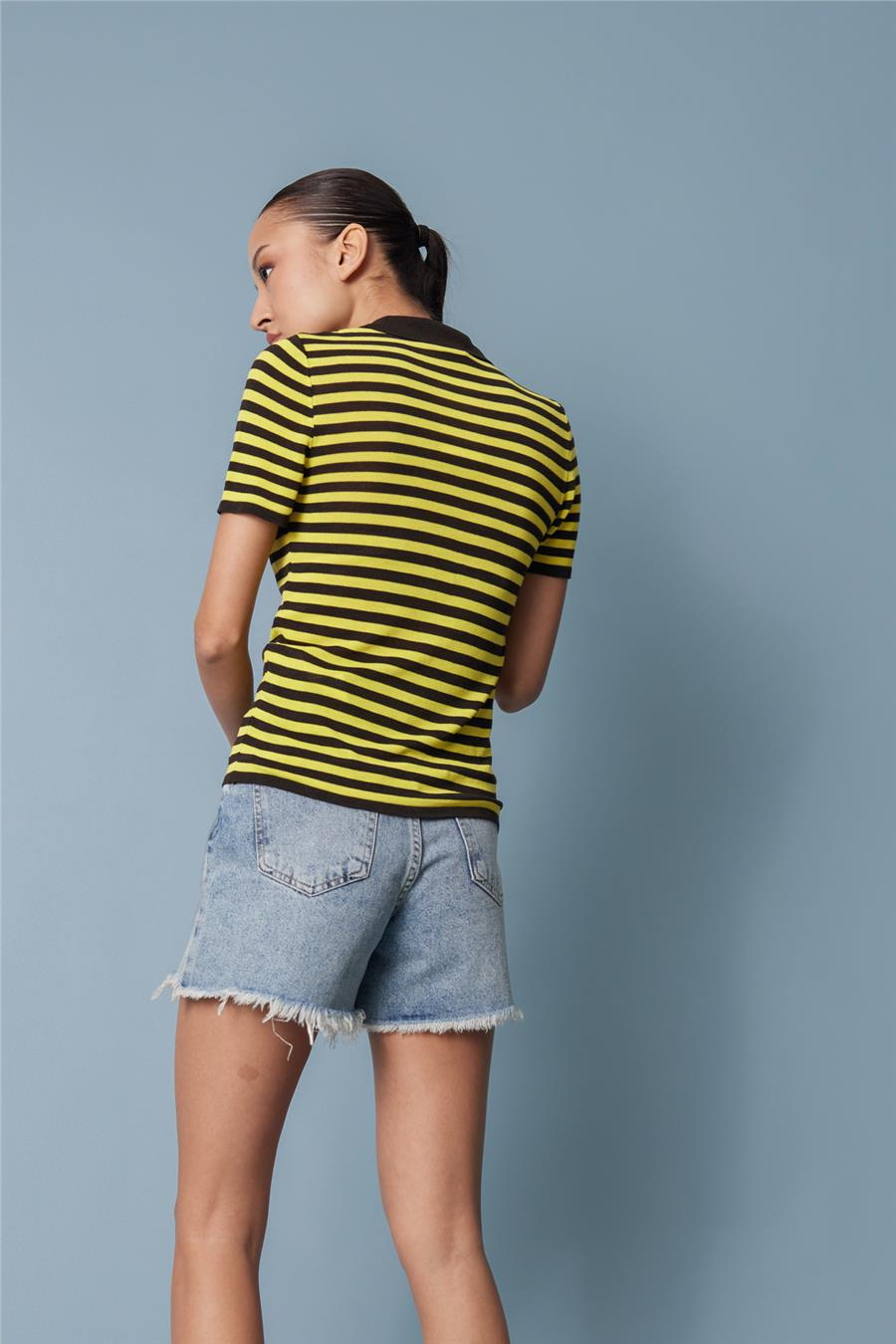 Nisan ÇİZGİLİ POLO YAKA BLUZ KAHVE-SARI TT4749-Z