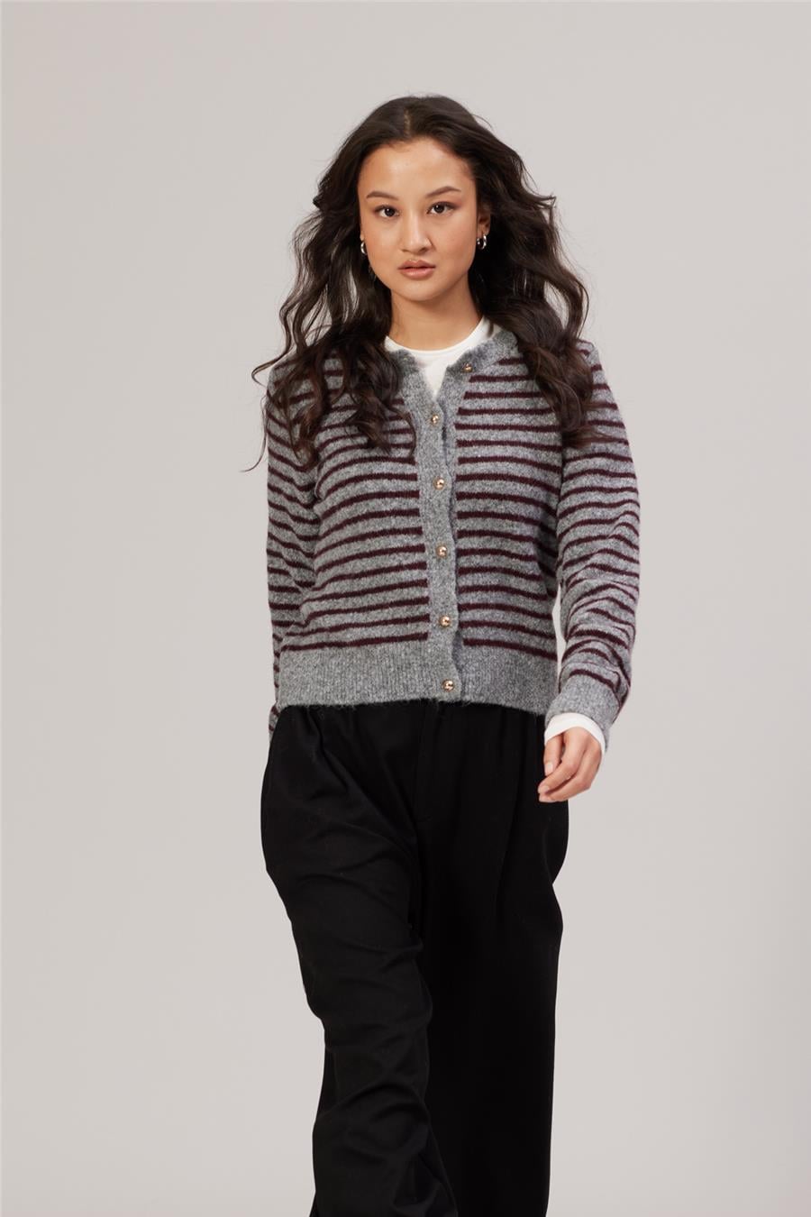 Nisan ÇİZGİLİ TRİKO HIRKA GRİ-BORDO TT4682-Z