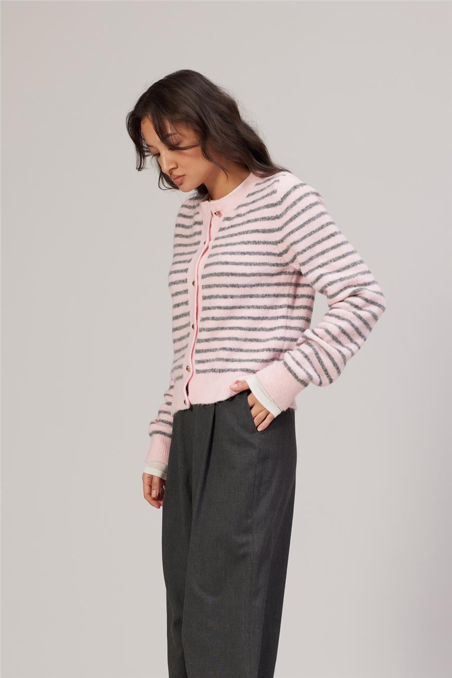 Nisan ÇİZGİLİ TRİKO HIRKA PEMBE-GRİ TT4682-Z