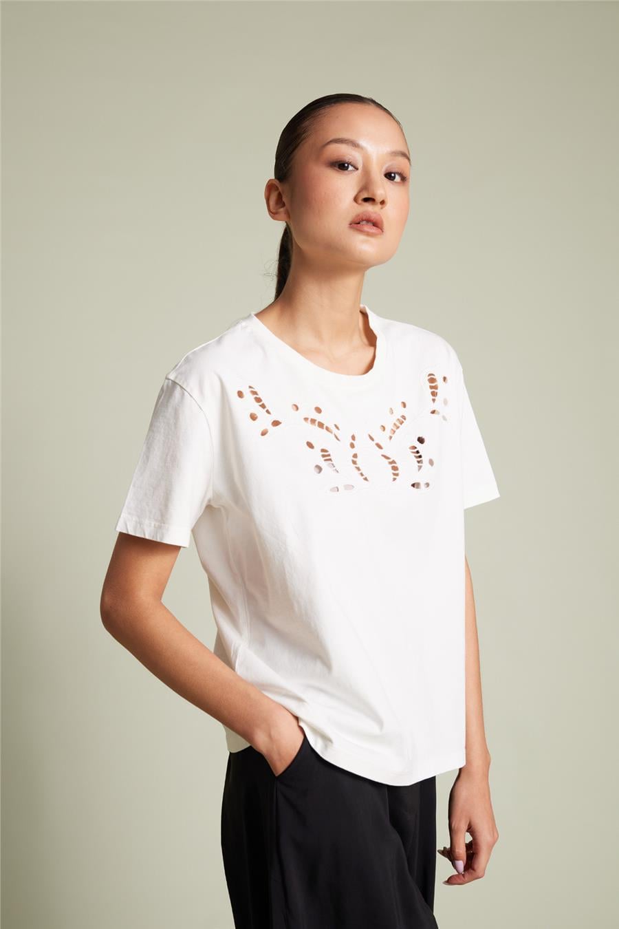 Nisan CUTWORK NAKIŞ DETAYLI KISA KOLLU T-SHIRT EKRU N26-2384