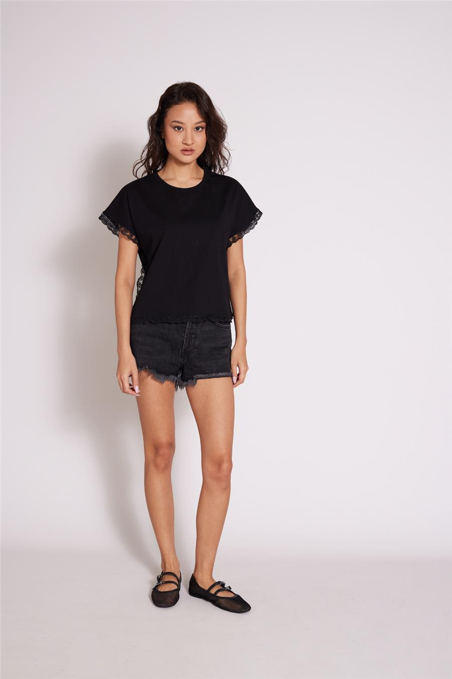 Nisan DANTEL DETAYLI BİSİKLET YAKA T-SHIRT SİYAH N26-2372