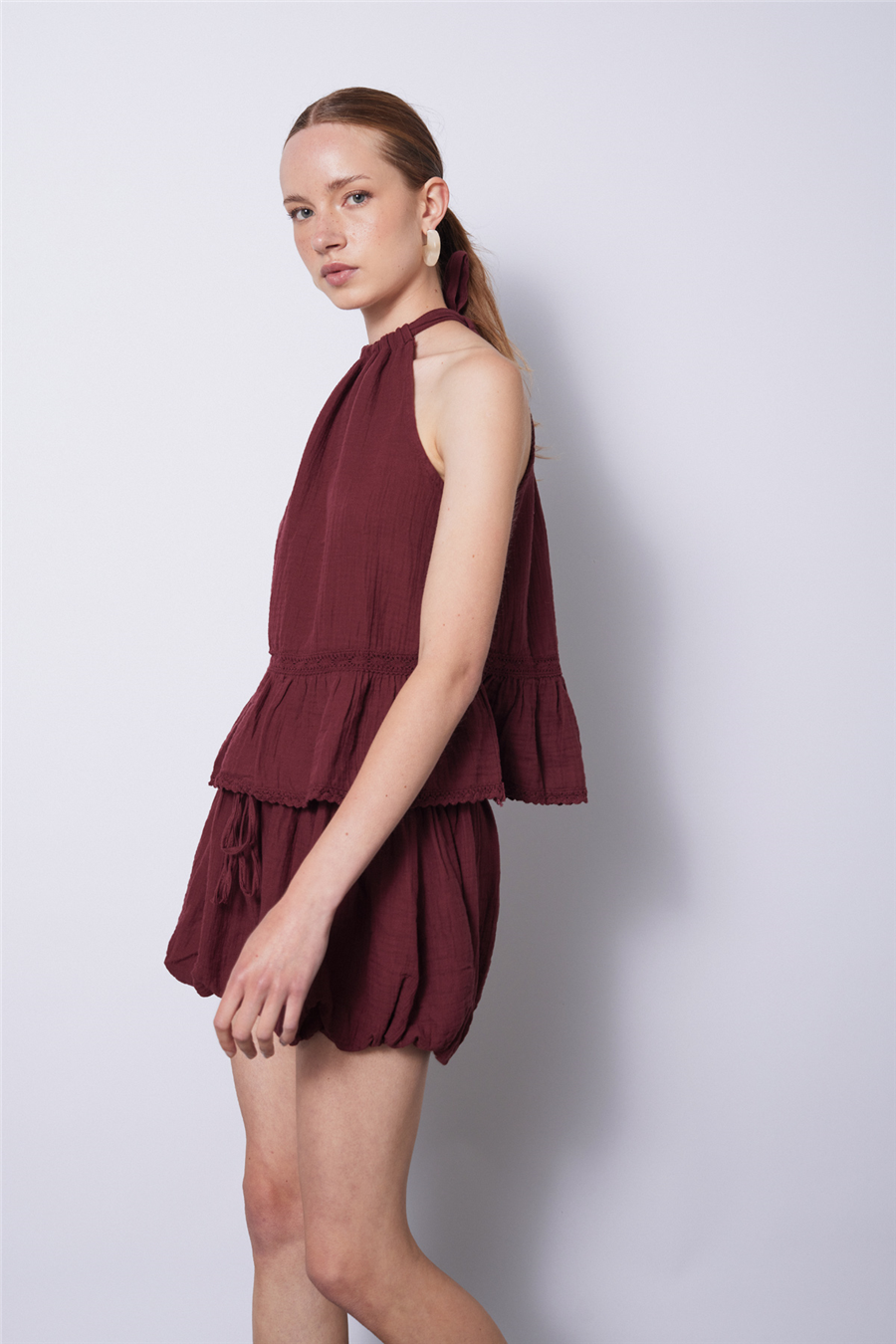 Nisan DANTEL DETAYLI MÜSLİN TOP BORDO N26-2307