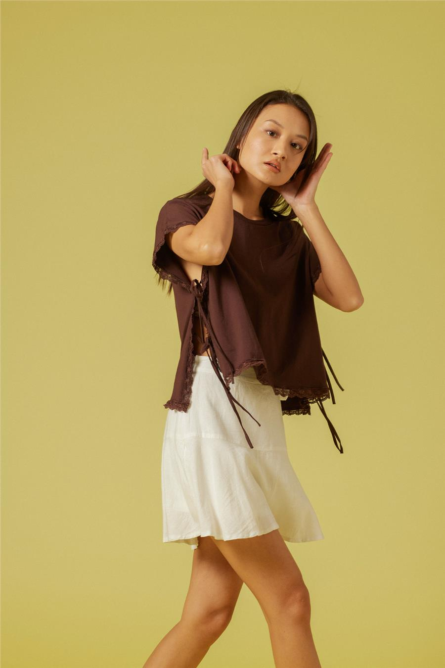Nisan DANTEL DETAYLI PAMUKLU T-SHIRT KAHVE N26-2253