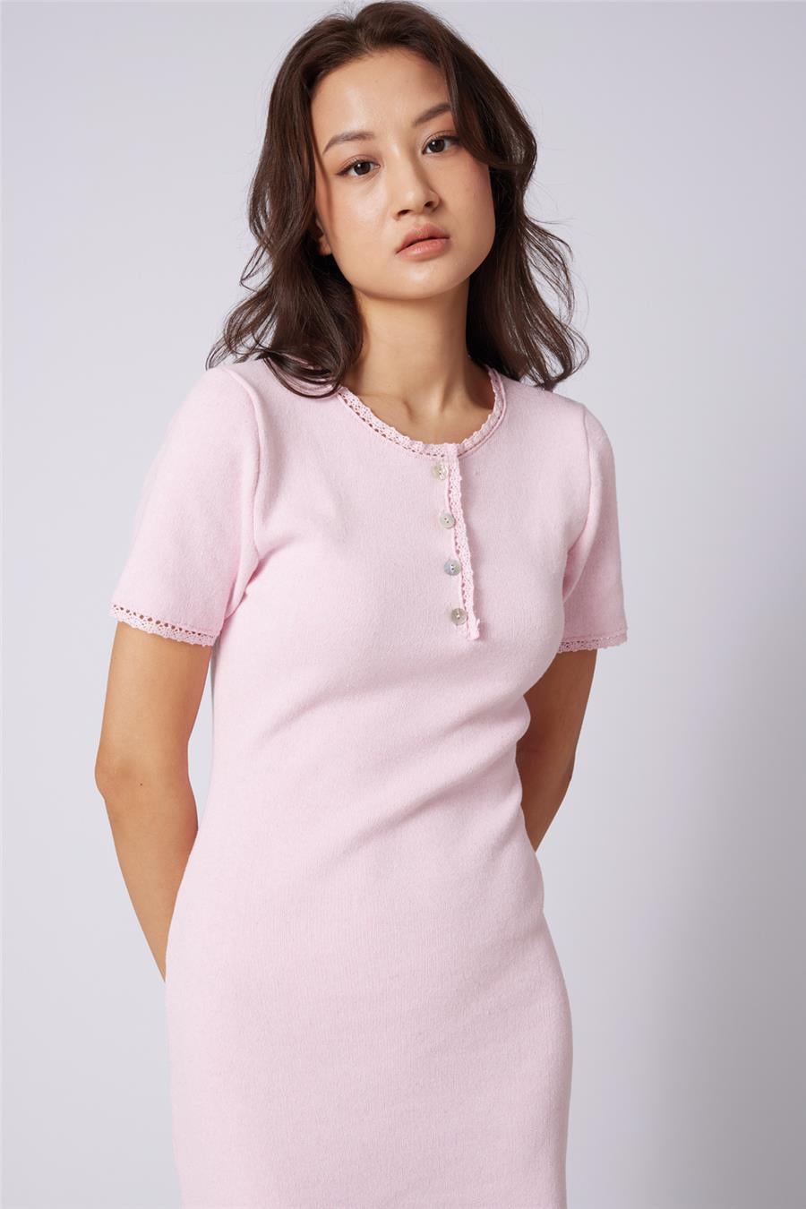 Nisan DANTEL DETAYLI TRİKO ELBİSE PEMBE TT4742-Z
