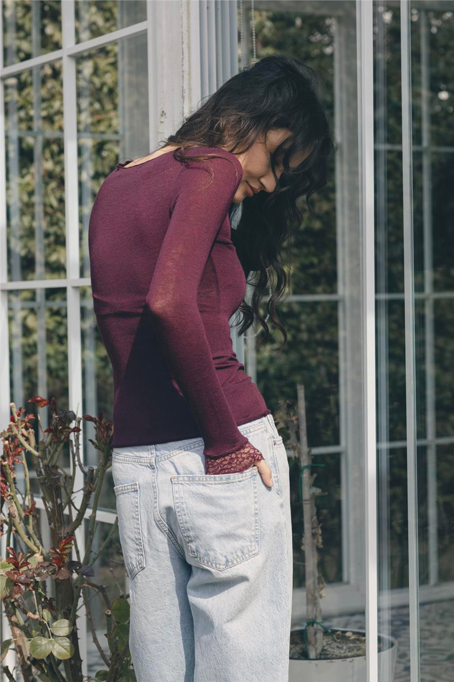 Nisan DANTEL DETAYLI V YAKA T-SHIRT BORDO N26-2279