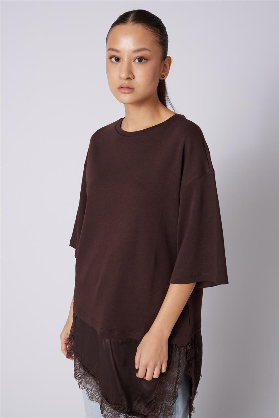 Nisan DANTELLİ KOMBİNE T-SHIRT KAHVE N26-2315