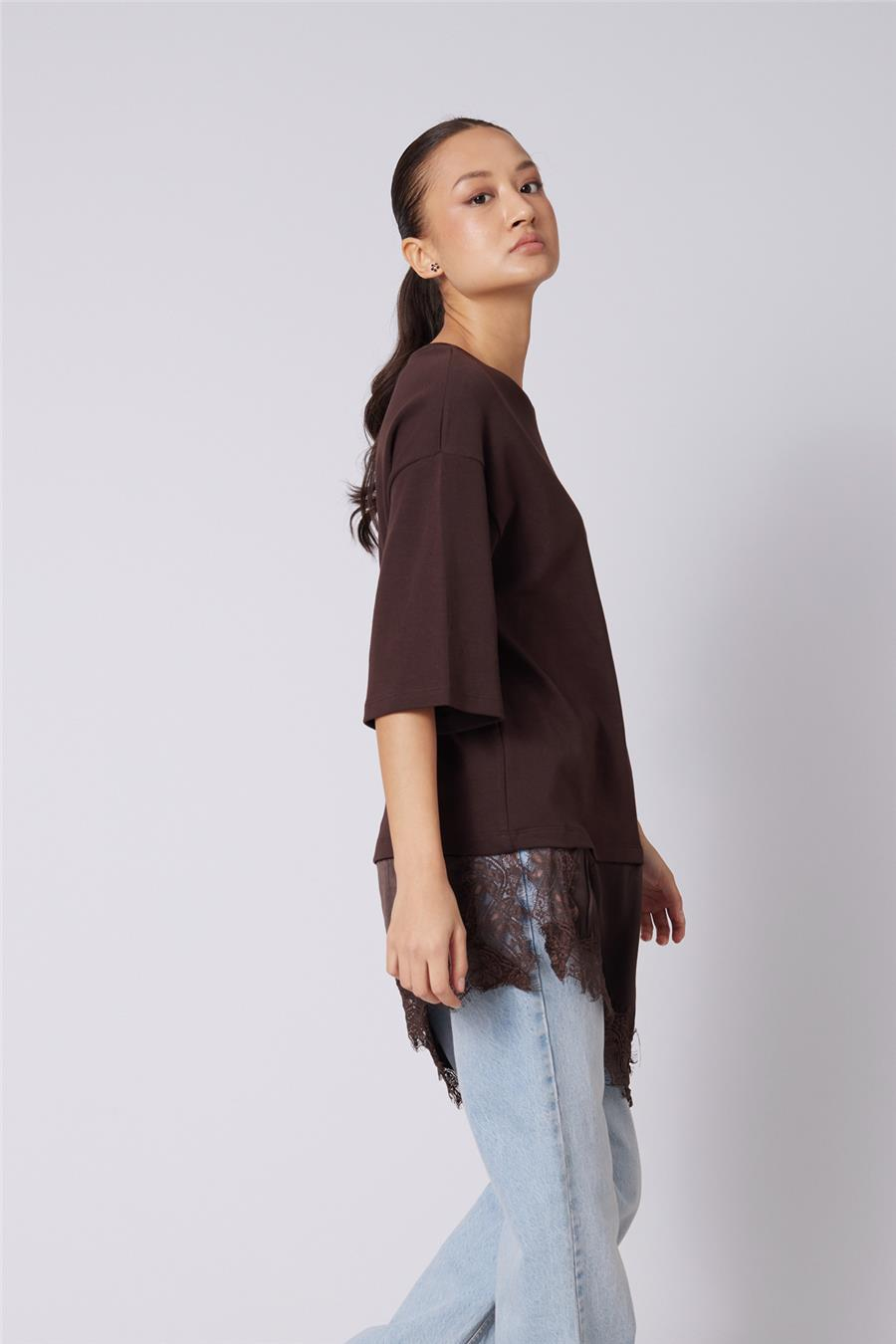 Nisan DANTELLİ KOMBİNE T-SHIRT KAHVE N26-2315