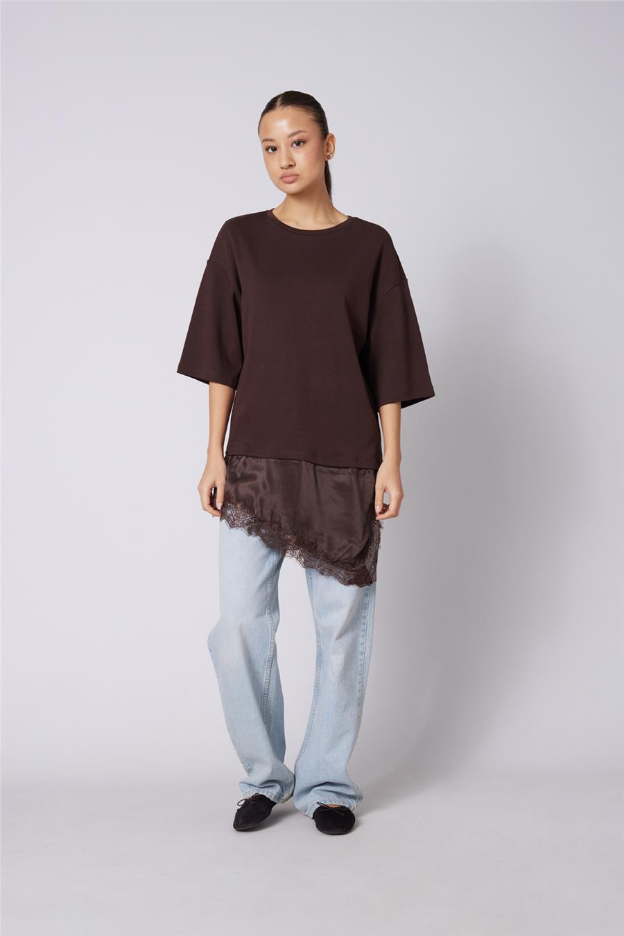 Nisan DANTELLİ KOMBİNE T-SHIRT KAHVE N26-2315