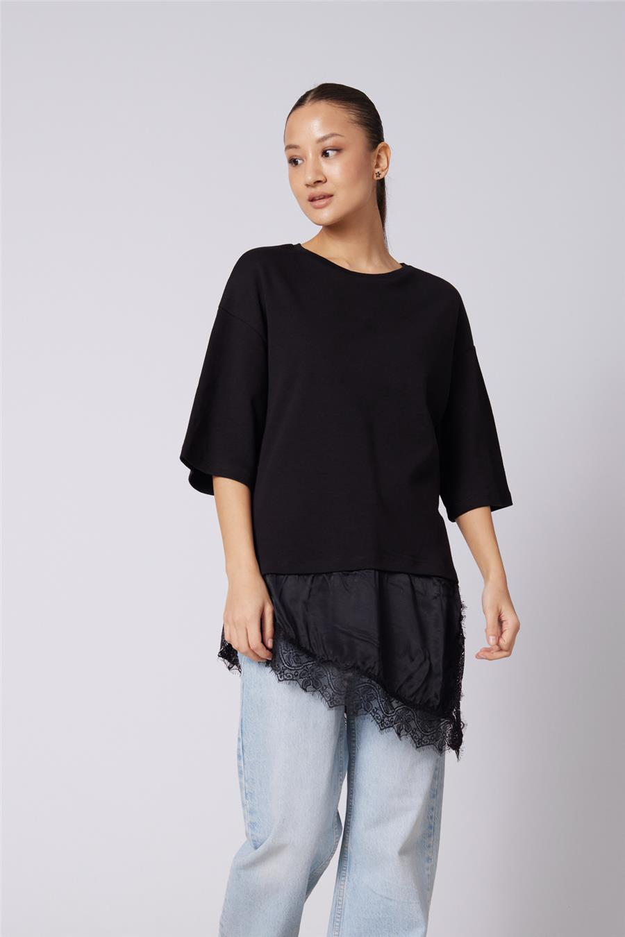 Nisan DANTELLİ KOMBİNE T-SHIRT SİYAH N26-2315
