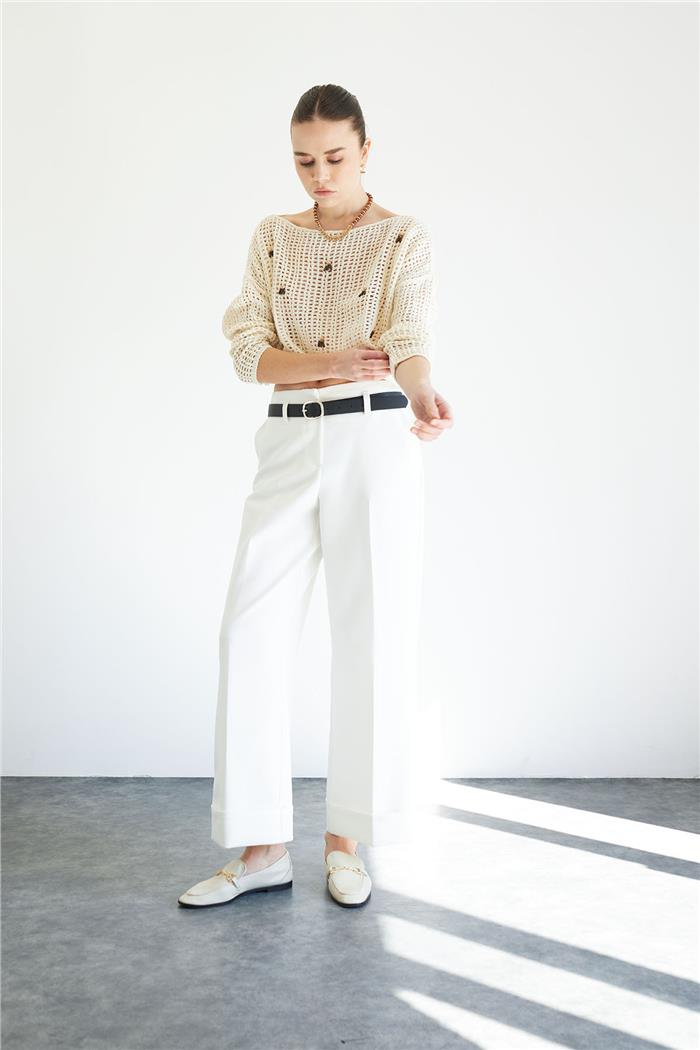 Nisan Perforated Bead Detail Knit Sweater Raw Ecru TT3850-Z