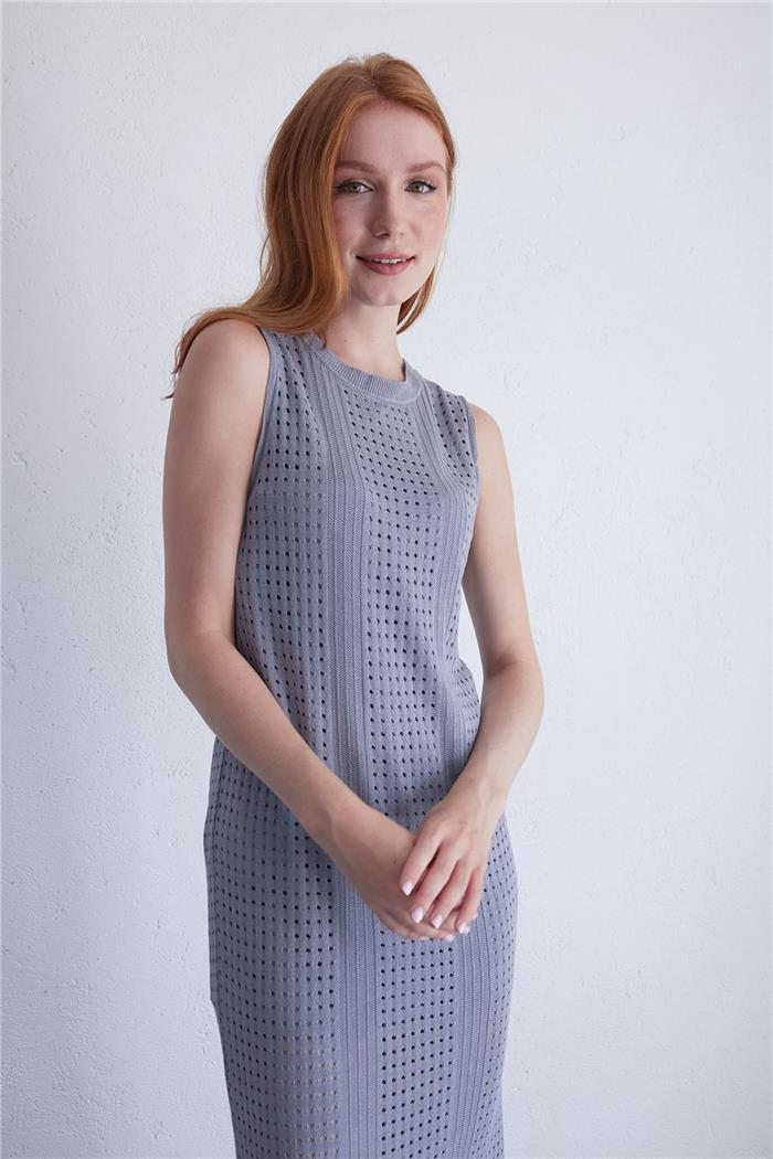 Nisan Perforated Slit Knit Dress Gray TT3979-Z