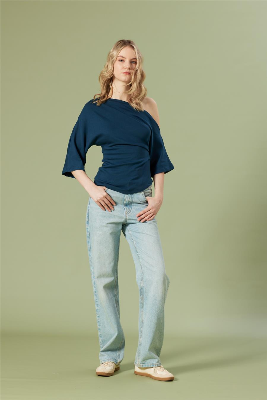 Nisan DRAPE DETAYLI ASİMETRİK TOP İNDİGO N26-2270