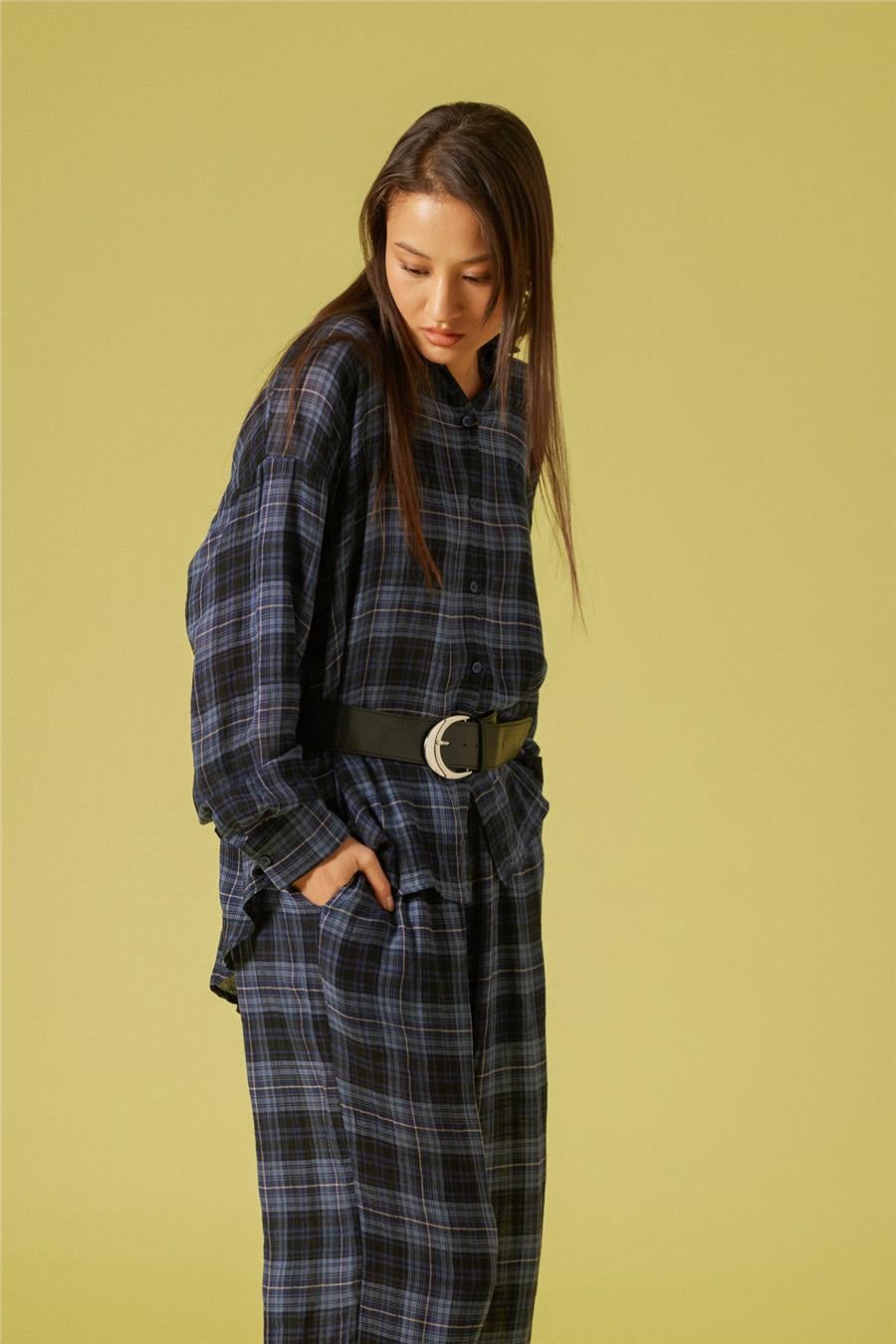 Nisan EKOSE DESENLİ OVERSIZE GÖMLEK İNDİGO N26-2284