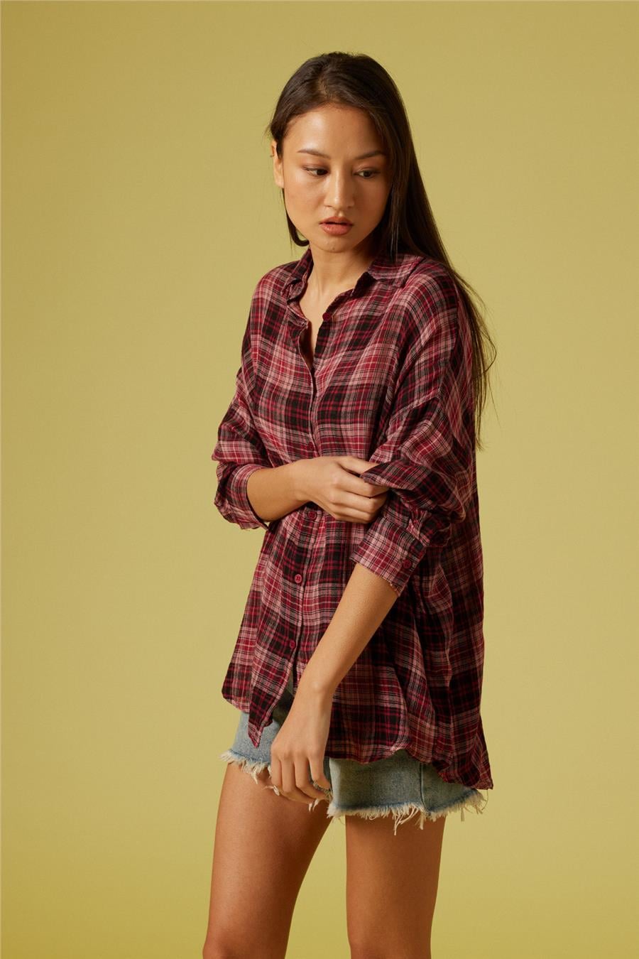 Nisan EKOSE DESENLİ OVERSIZE GÖMLEK VİŞNE N26-2284