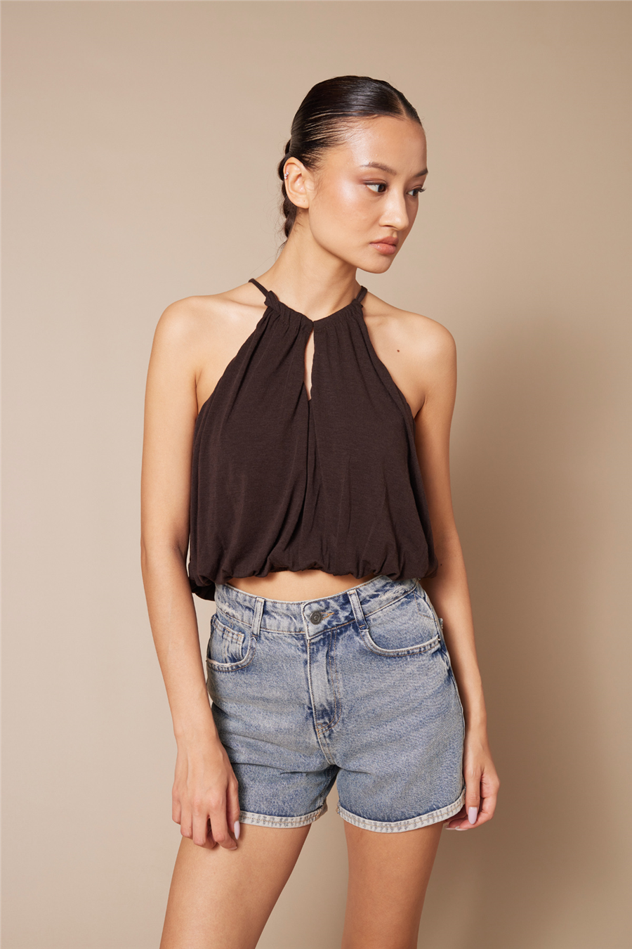 Nisan HALTER YAKA BALON TOP KAHVE N26-2352